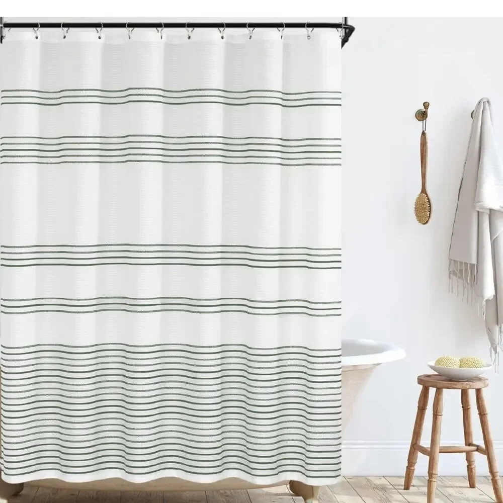 jinchan White Fabric Shower Curtain with Green Stripes- Waterproof Bath 70x72”